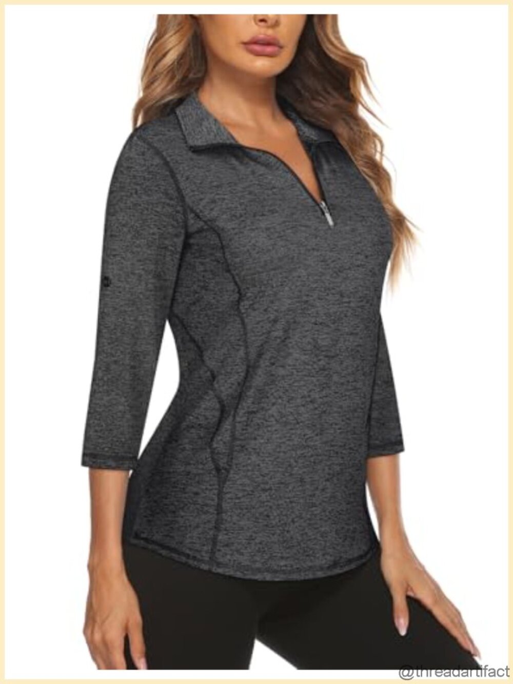 Womens Quarter Zip Golf Polo 3/4 Roll Sleeve Dry Fit Athletic Tennis Shirt